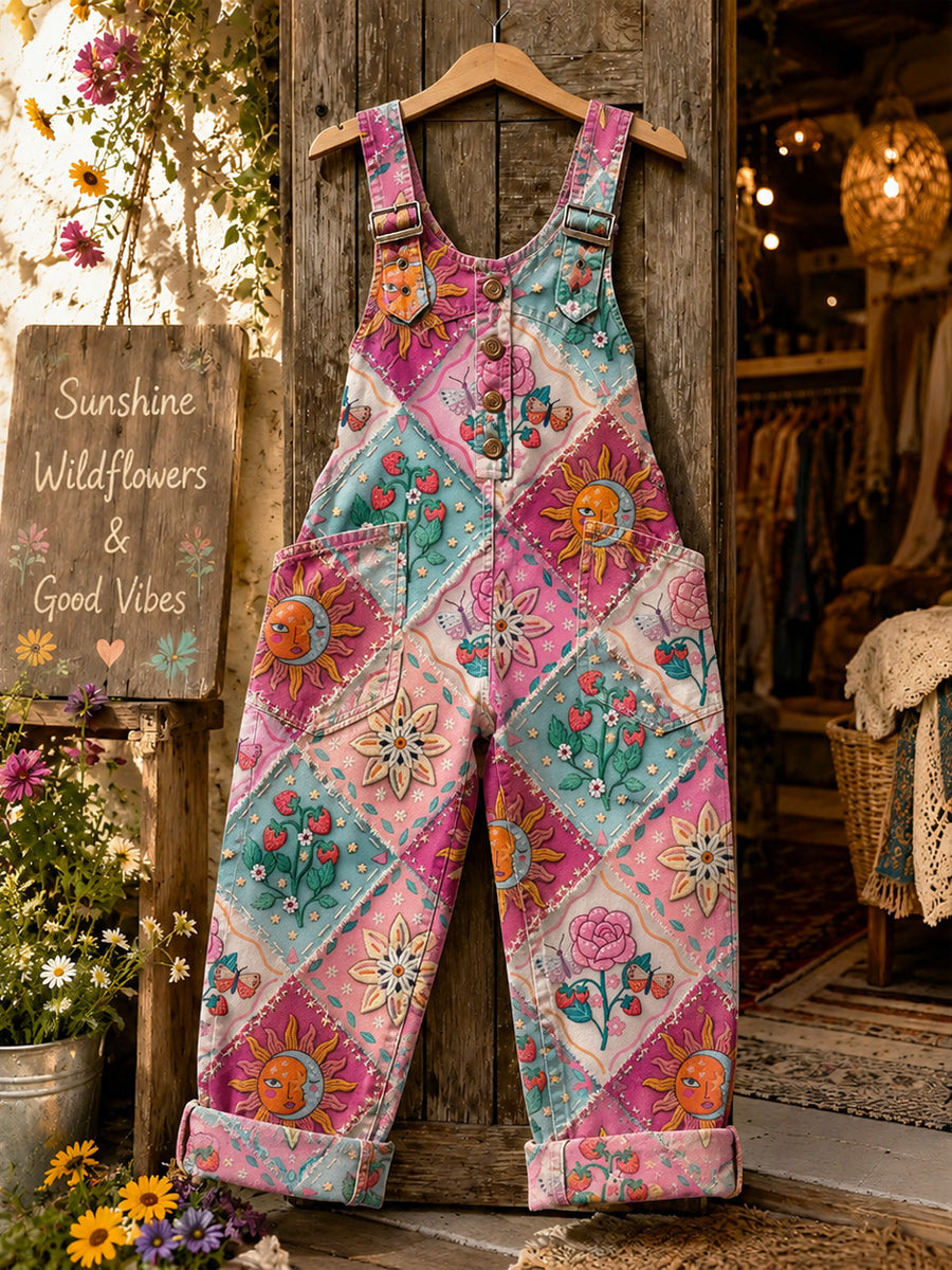 Women's Retro Style Art Print Washed Cotton Denim Patchwork Jumpsuit